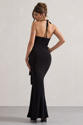 Black Halter-Neck Gathered Drape Maxi Dress